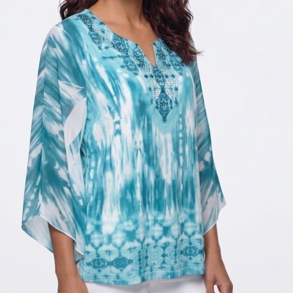 JM Collection Tunic Women PL Teal Tie Dye Boho Rhinestone Flutter Sleeve Top